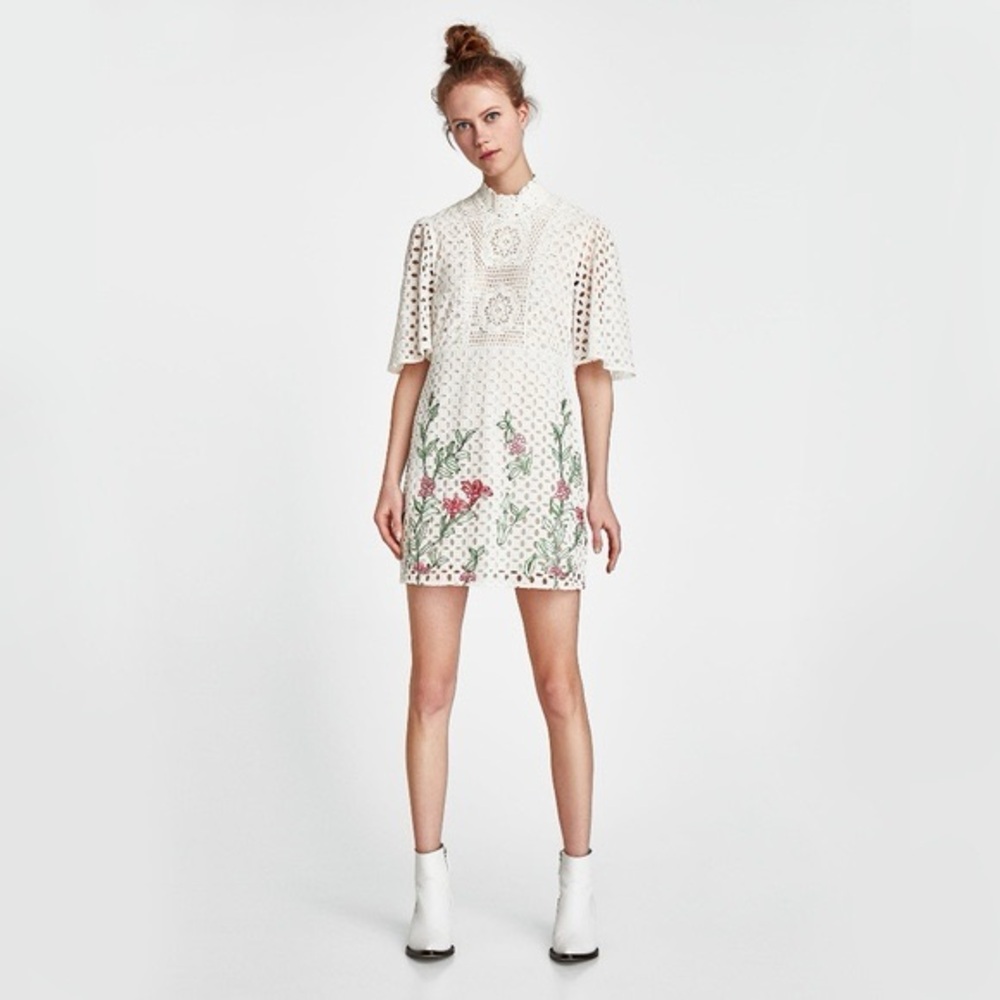 Zara White Cotton Eyelet Lace Floral Embroidered Short Sleeve Mini Dress